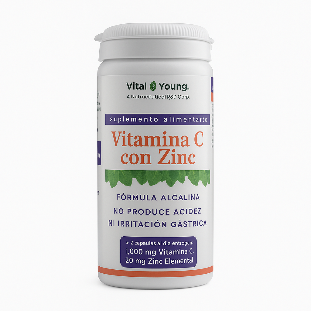 Vital & Young Vitamina C + Zinc Alcalina – Suplemento Alimenticio (60 cápsulas)